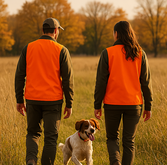 Un homme et une femme en tenue de chasse accompagnés d'un chien